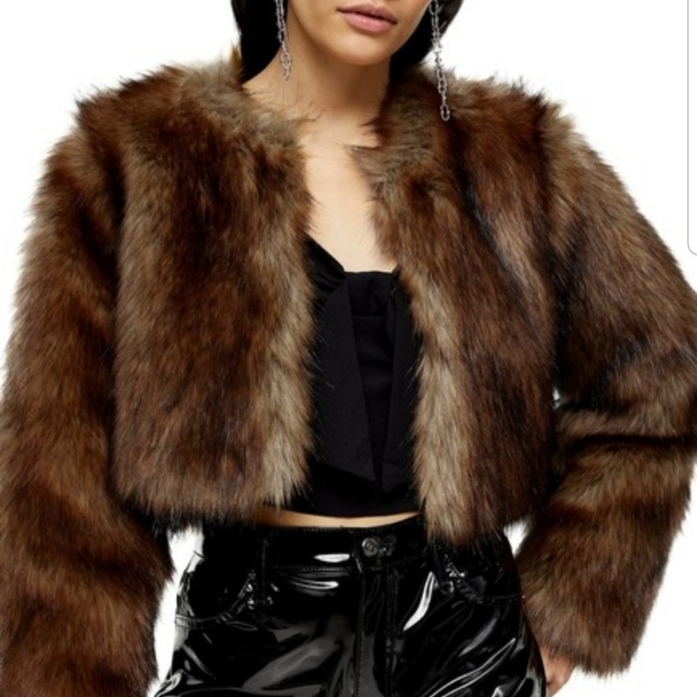 TOPSHOP Brown Cropped Faux Fur Coat